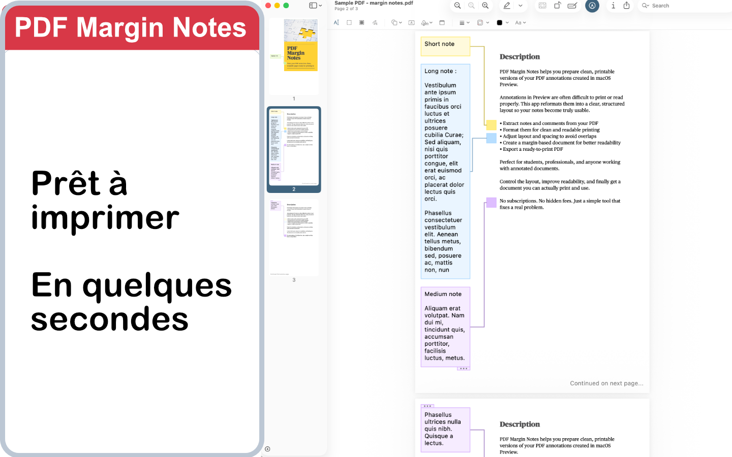 Capture d’ecran de PDFMarginNotes montrant des notes et commentaires PDF mis en forme