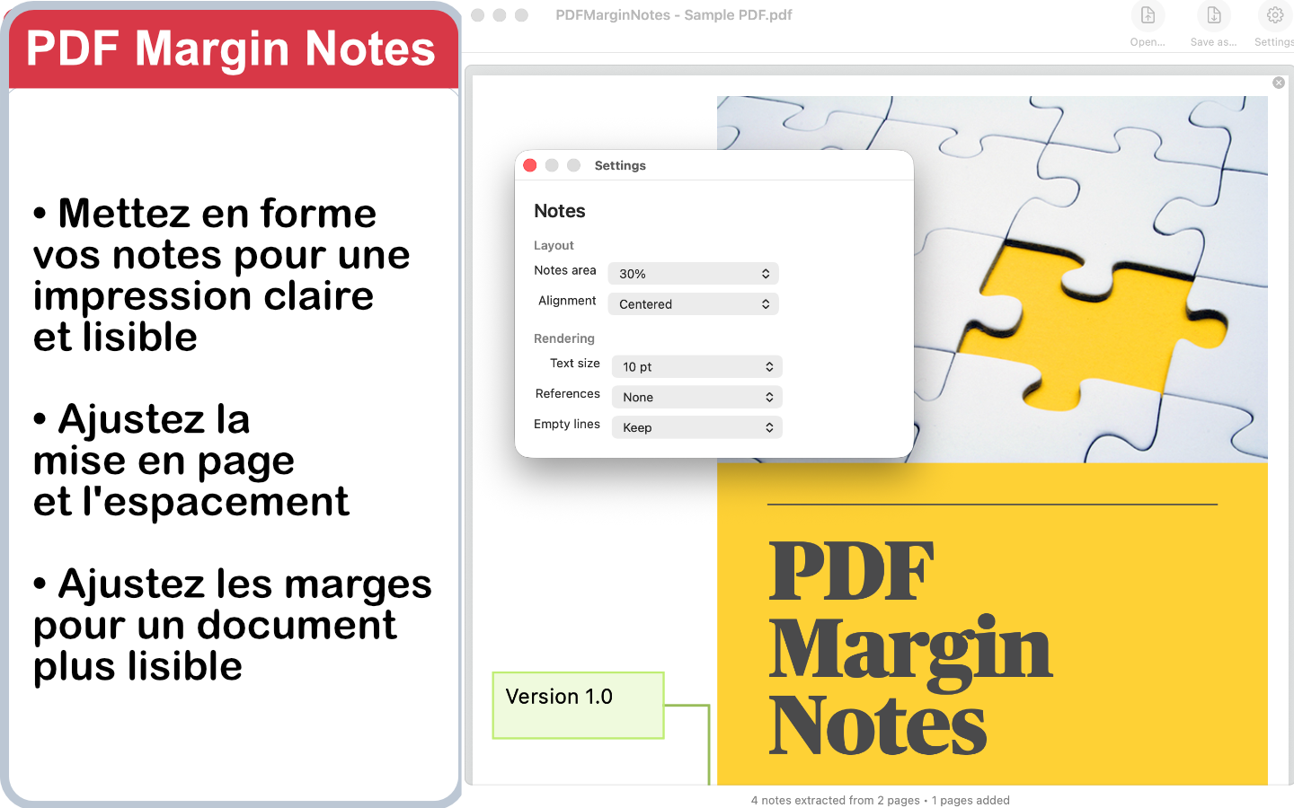 Capture d’ecran de PDFMarginNotes montrant le resultat exporte pret a etre imprime